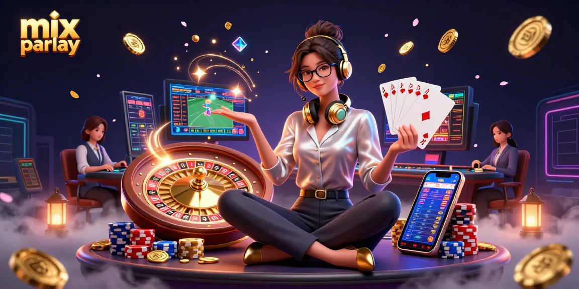 Experience the thrill of mix parlay betting with vibrant characters amidst casino games and golden coins.