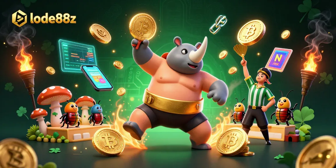 Engage with lode88z in a vibrant, action-packed scene featuring a beetle champion, gold coins, and cryptocurrencies.