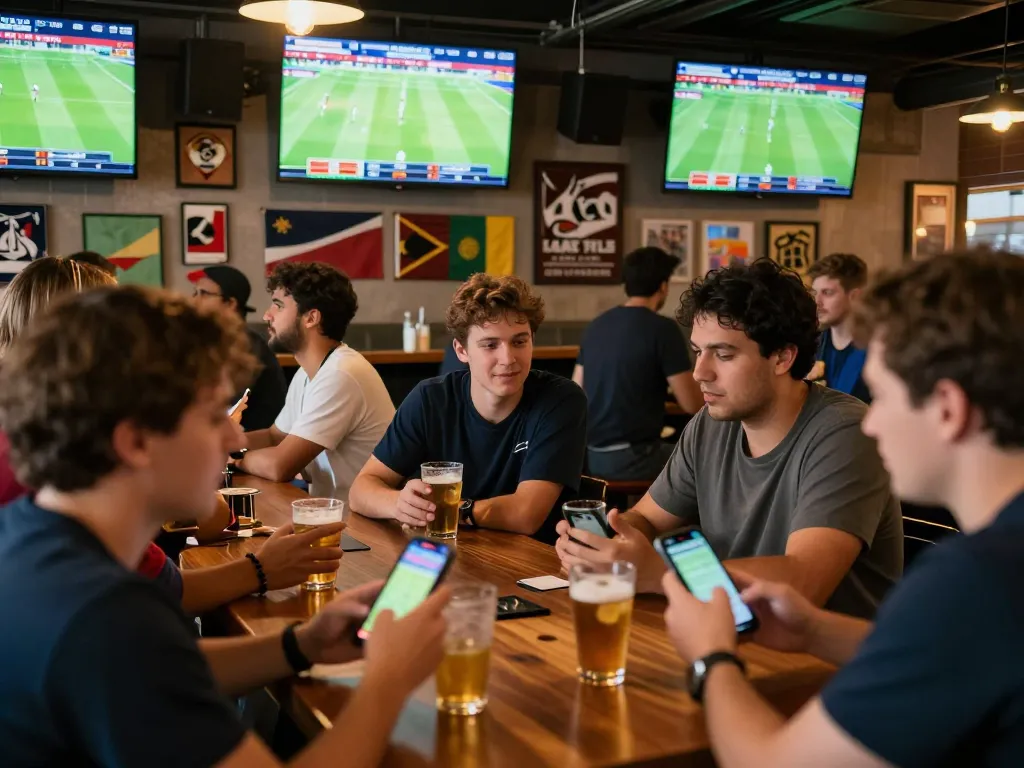 Soi kèo bóng đá with fans placing bets at a sports bar during live football matches.