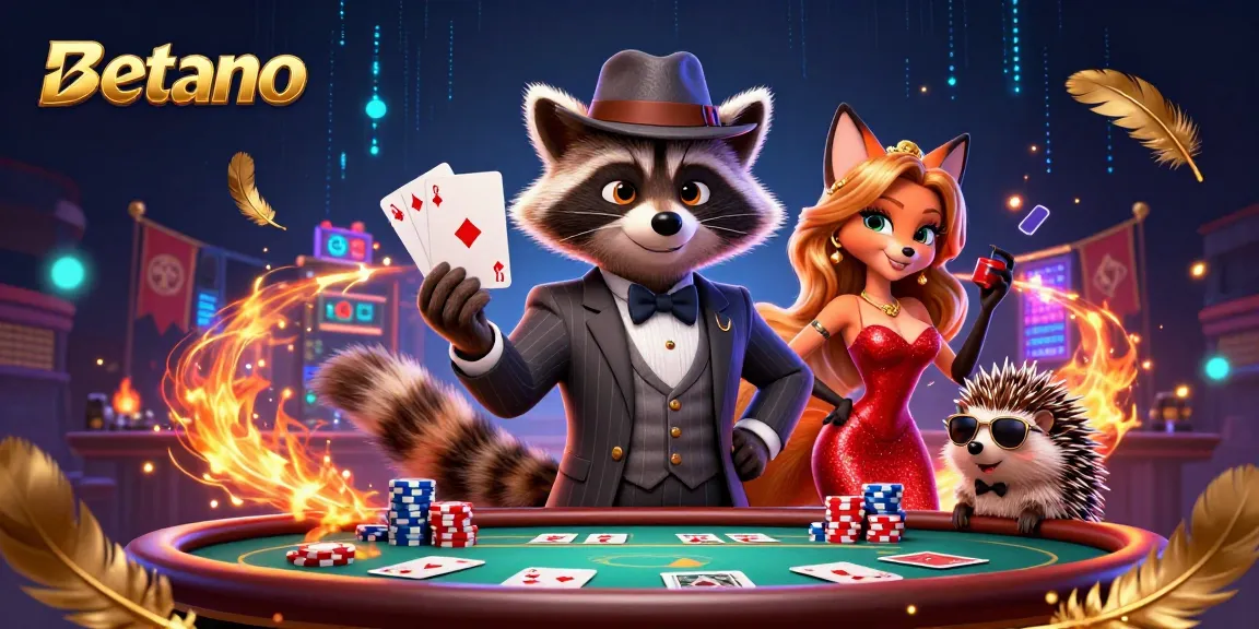 Betano's dynamic gambling scene featuring a charming raccoon, fox, and hedgehog amidst thrilling casino elements.