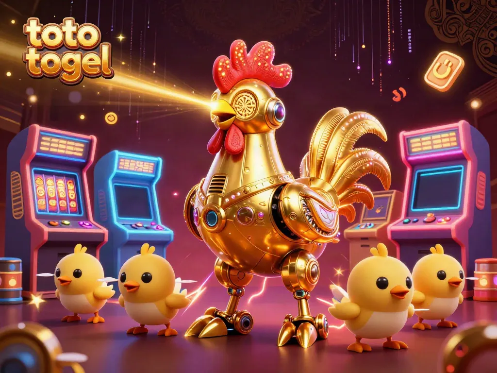 Enjoy thrilling gameplay with dynamic toto togel elements, featuring a golden rooster robot and cute chick drones.