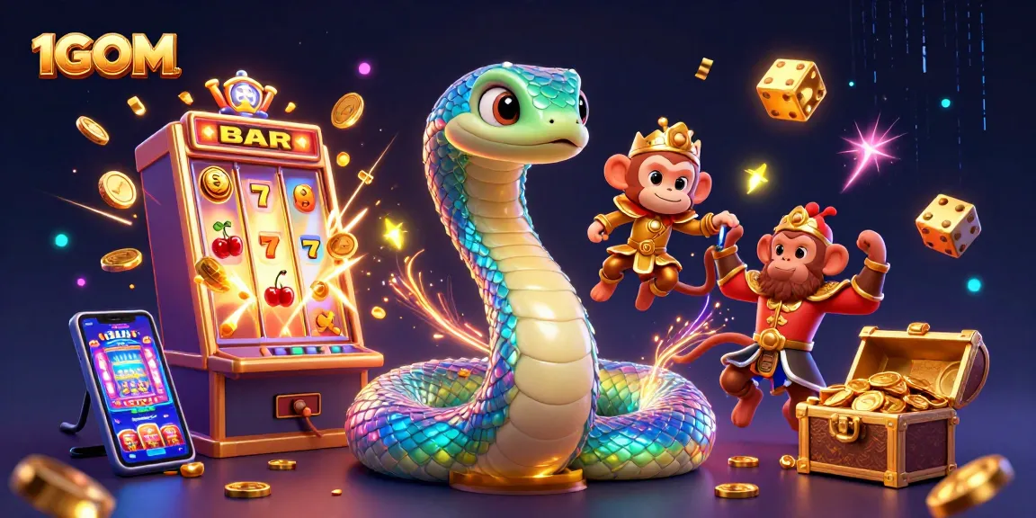 Engage with 1GOM's vibrant 3D casino world, featuring a rainbow serpent, golden monkey king, and jackpot excitement.