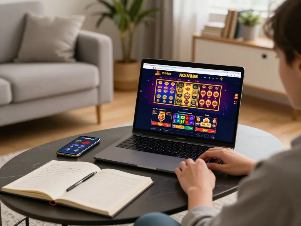 Pemainan kasino online KOIN888 di laptop dalam suasana rumah yang nyaman, menampilkan pengalaman bermain yang strategis.