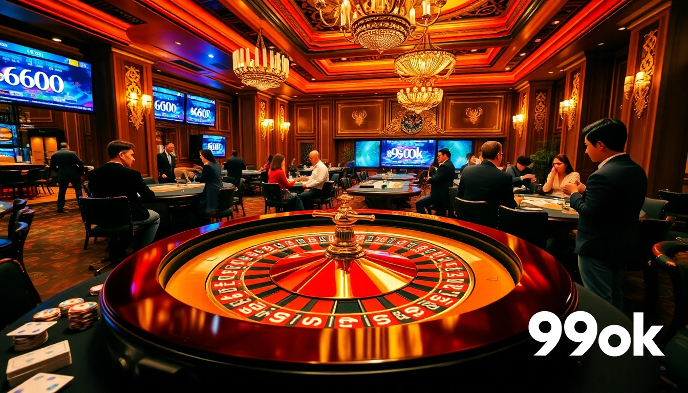 Players engaging thrillingly at the 99ok casino table, showcasing poker chips and cards.