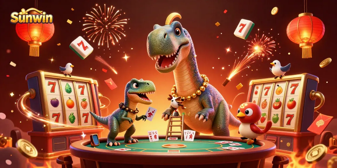 Play thrilling games at Sunwin with a vibrant 3D casino illustration featuring dynamic gaming elements.