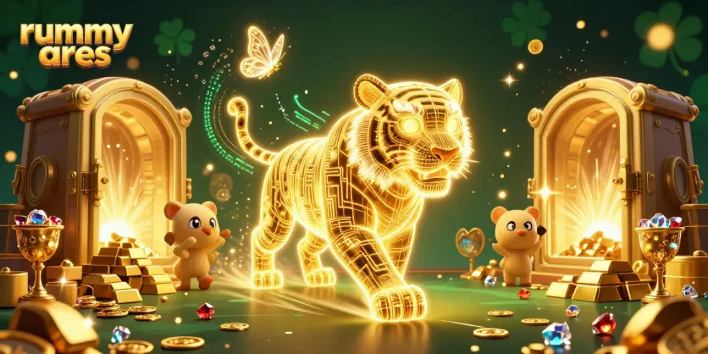 Experience the thrill of rummy ares with a golden tiger in a vibrant digital casino setting.