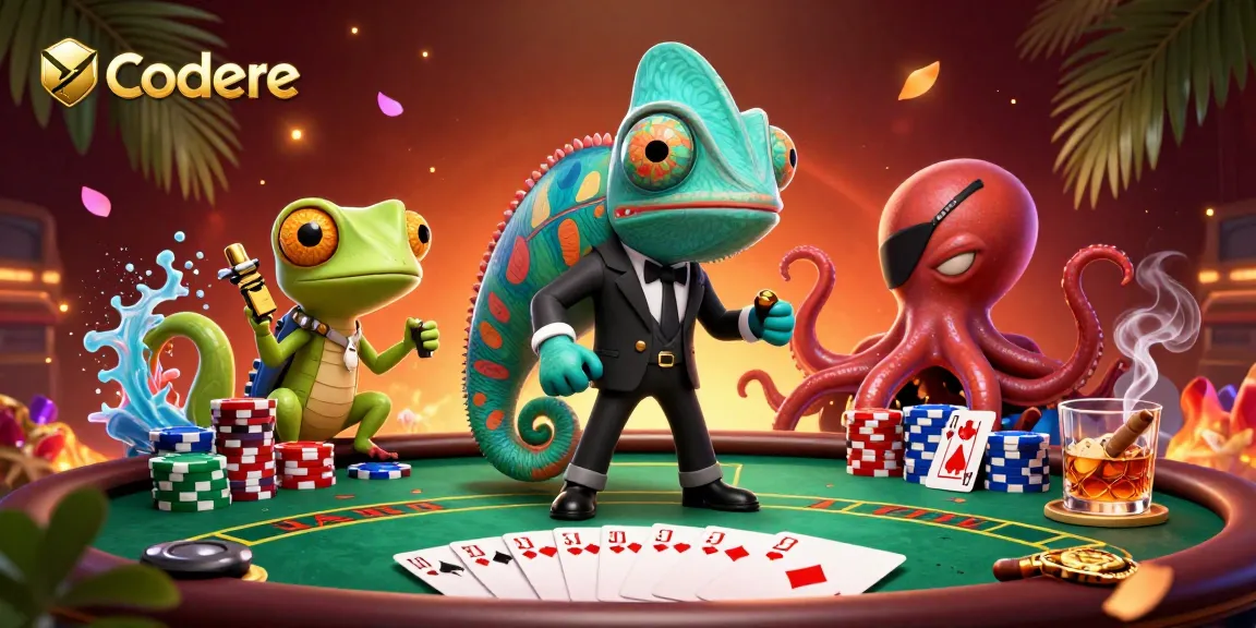 Codere showcases a vibrant poker scene with a chameleon agent and gaming elements.