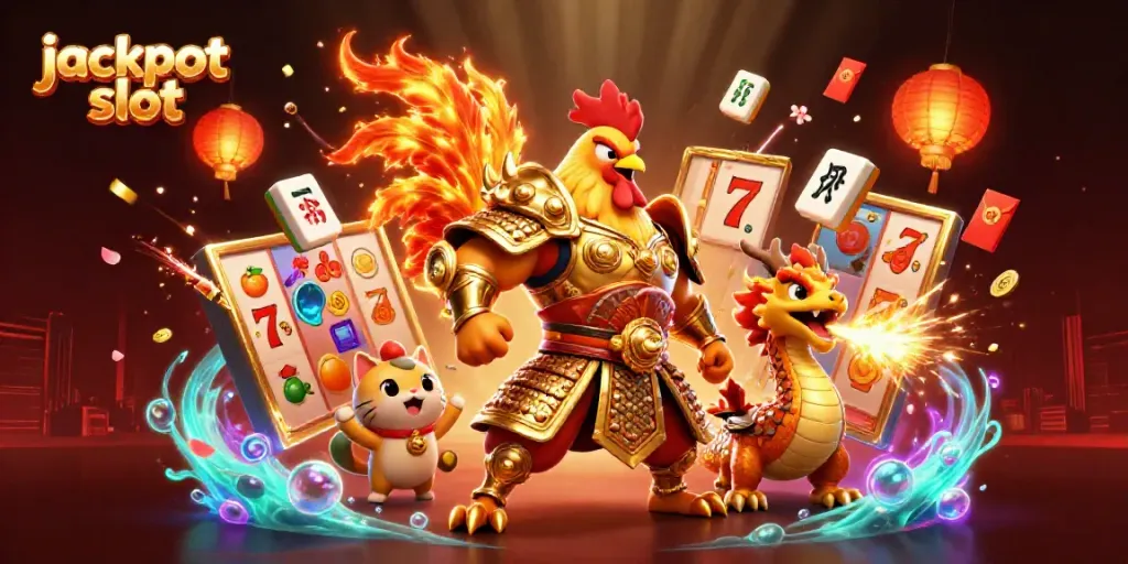 Dynamic 3D scene illustrating jackpot slot with a rooster warrior and dragon hatchling, rich in colors and details.
