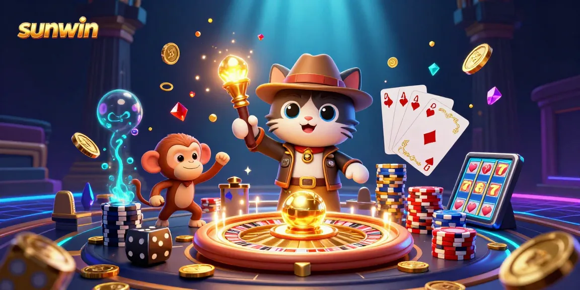Win big with sunwin in this illustrated 3D casino adventure, showcasing vibrant gaming elements.
