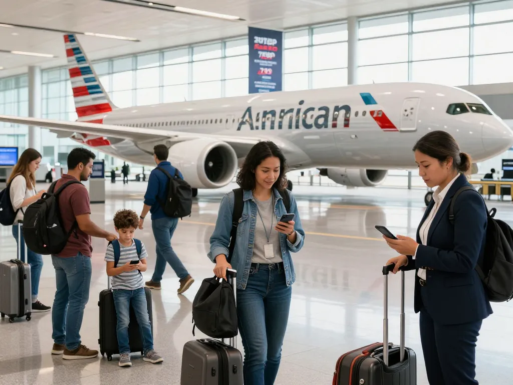 Travelers excitedly waiting near American Airlines 789P aircraft at airport.