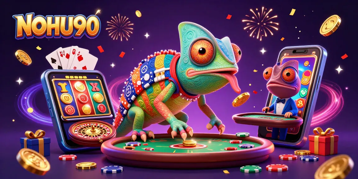 Experience exciting gameplay at NOHU90 with vibrant slots and poker action, featuring a colorful casino scene.