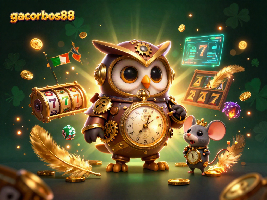 Spin the reels and win with gacorbos88 in this vibrant casino-themed illustration.