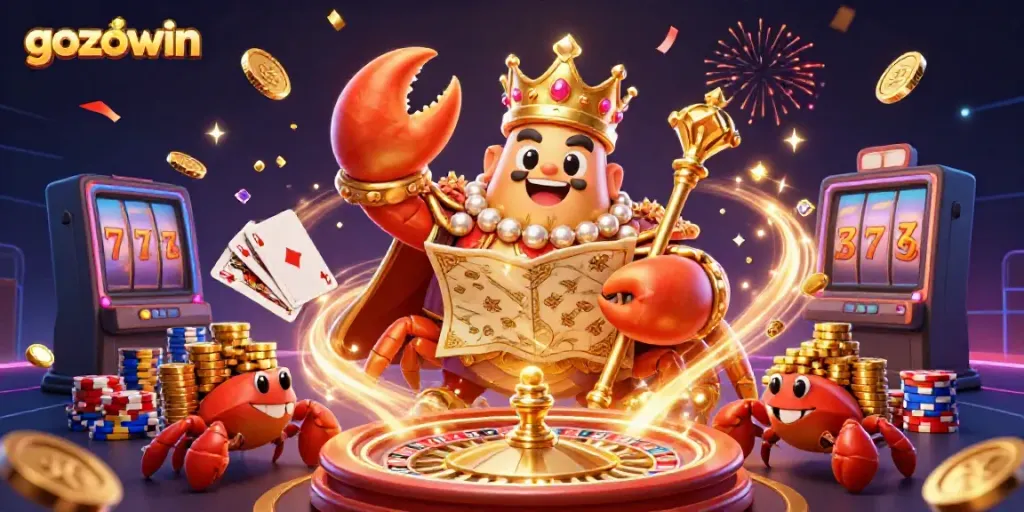 Experience the excitement of gaming at gozowin with a dazzling 3D illustration of a crab emperor and treasure.