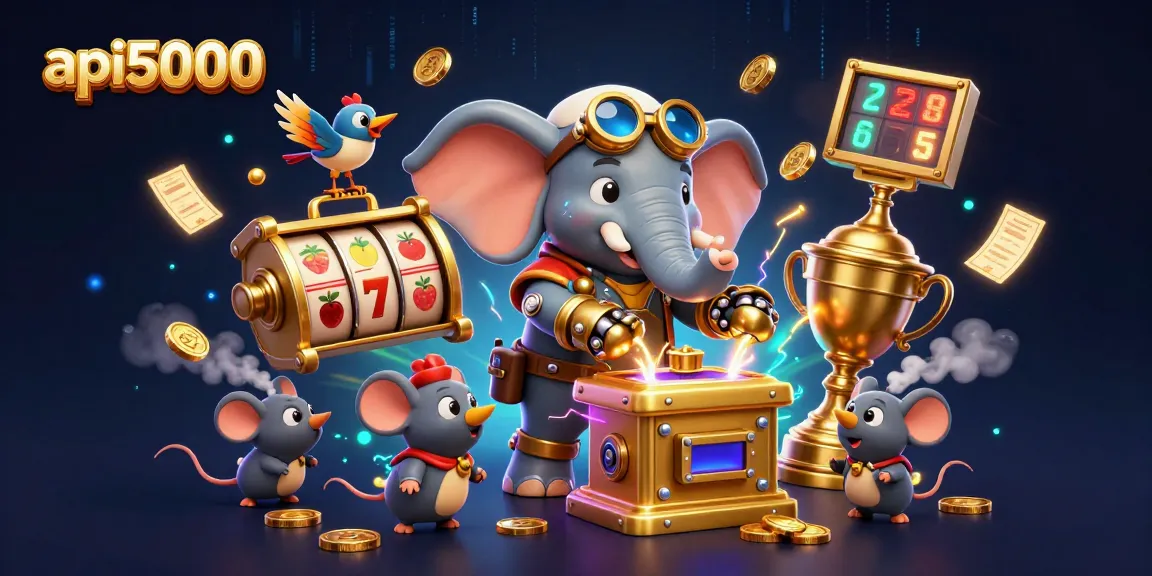api5000 memutar mesin slot dengan gajah steampunk dan elemen kasino berkilauan