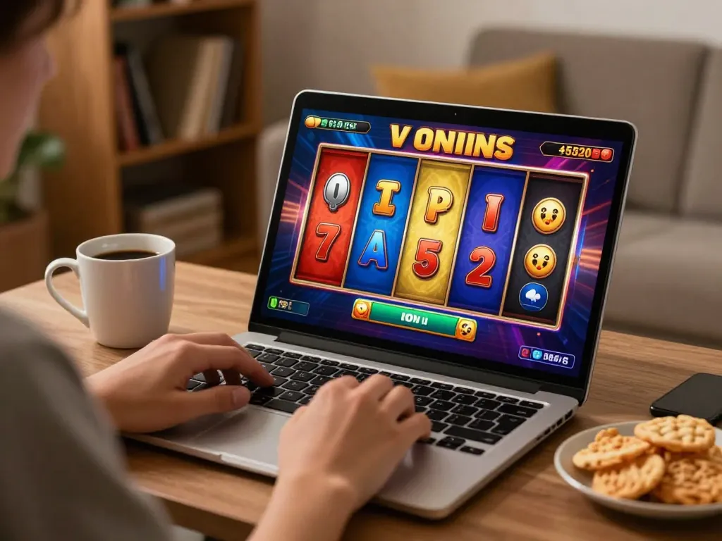 Person enjoying online usa casinos with colorful slot reels spinning on a laptop in cozy home setting.