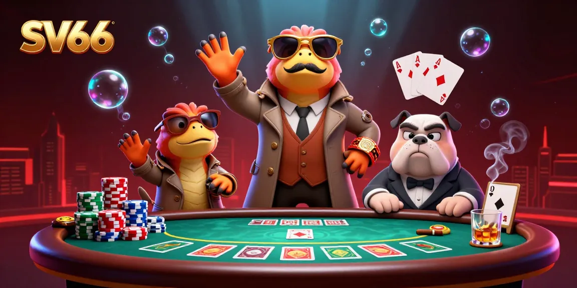SV66 scene with cartoon raptors and bouncer in a casino lounge, showcasing poker elements and vibrant colors.