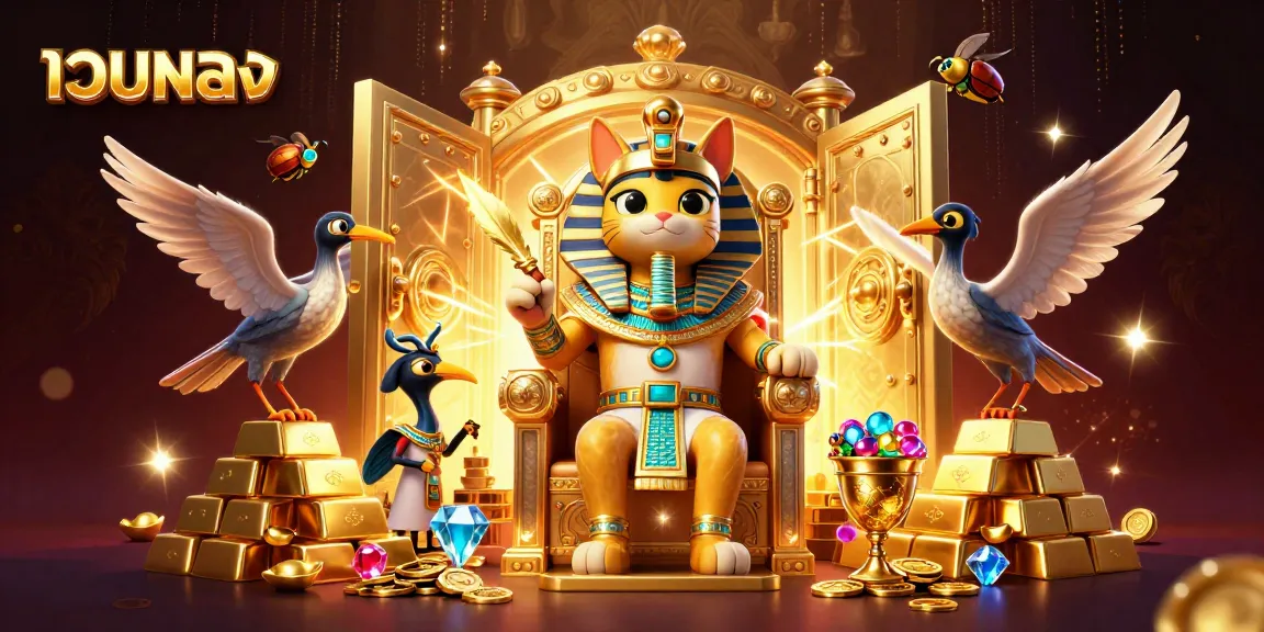 Spin to win at เว็บตรง with a captivating scene of a pharaoh cat, treasure vaults, and sparkling gems.