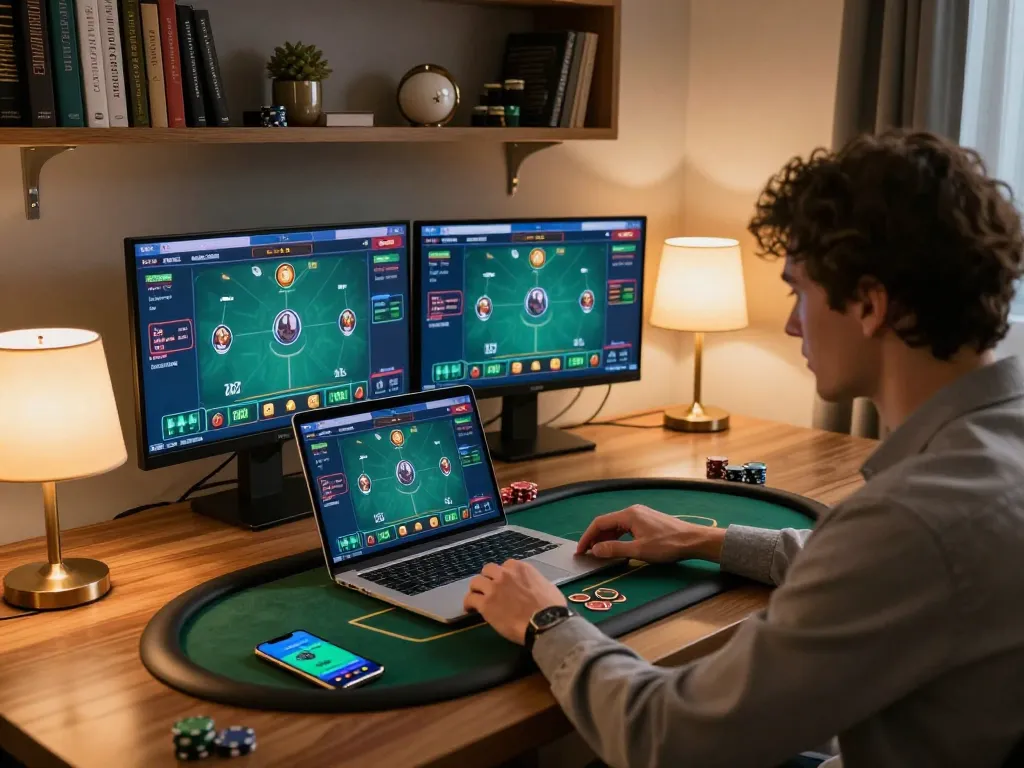 Player engaging in online poker at home, exploring mb88 strategies with gaming setup and betting app.
