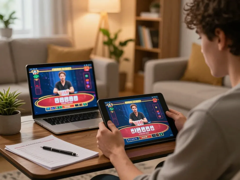 Engaged player at home using tablet for 789 club online casino games amidst strategic notes.