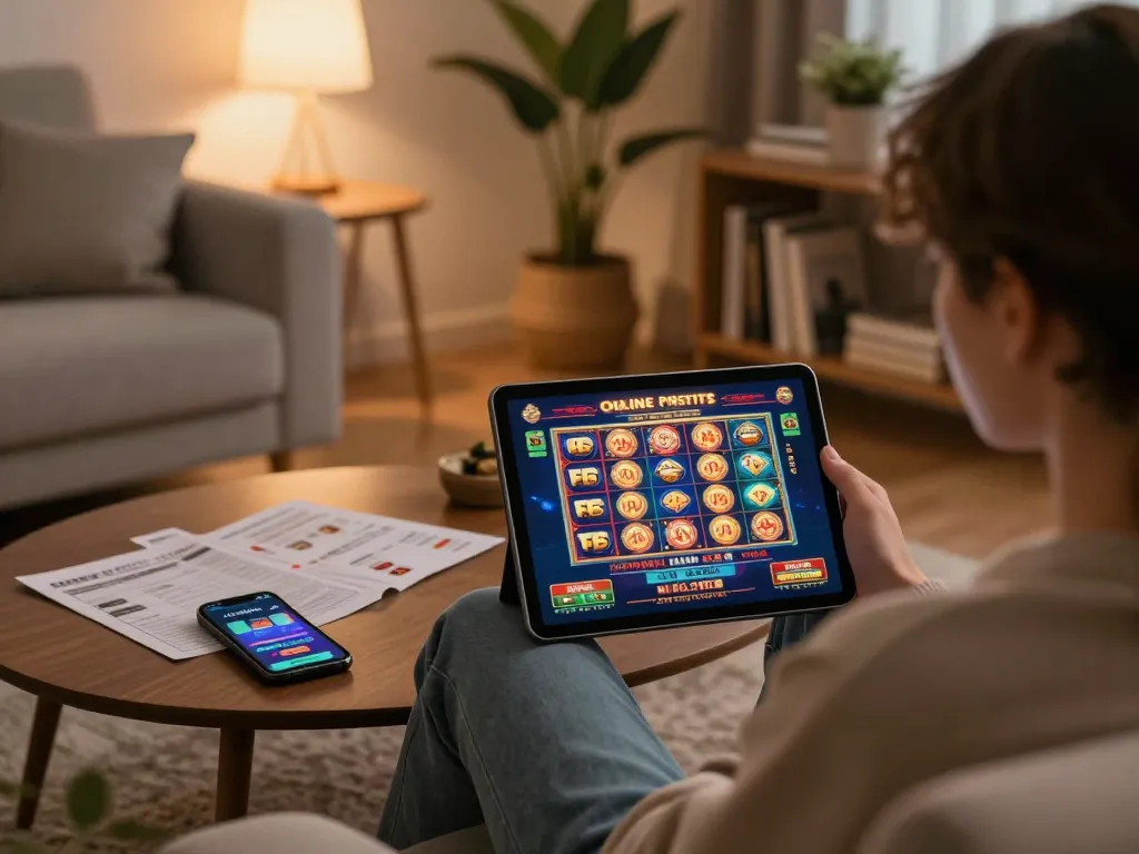 Playing online casino games on lc88 bio app in a cozy home setup with engaging atmosphere.