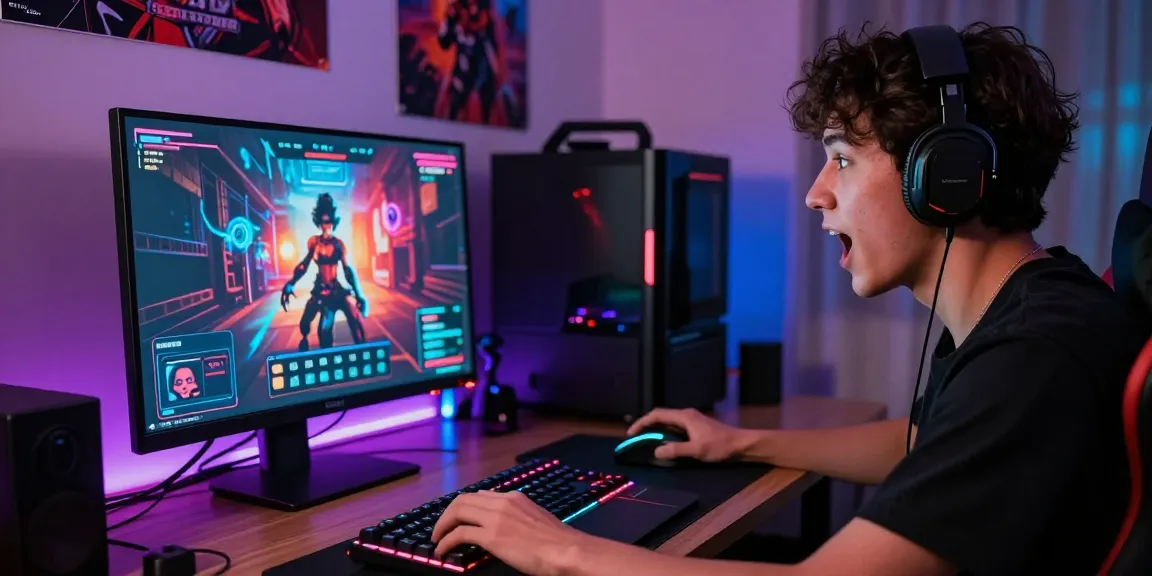 Experienced gamer immersed in mind control porn gameplay on a stylish laptop, vibrant game visuals in a cozy gaming setup.