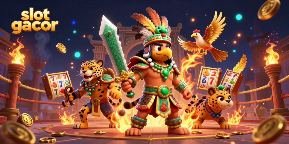 Engage with slot gacor-themed gameplay featuring dynamic Aztec warriors and vibrant gaming symbols.