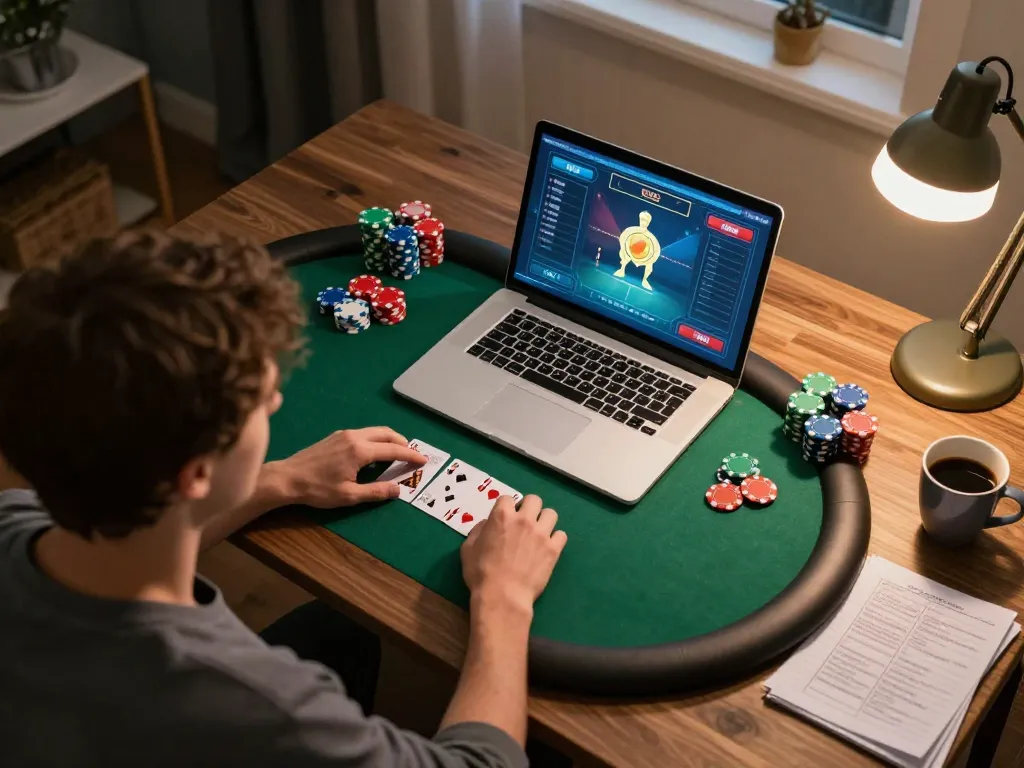 Pemain Dewi100 terlibat dalam permainan poker di rumah menggunakan laptop mereka, menunjukkan pemikiran strategis.