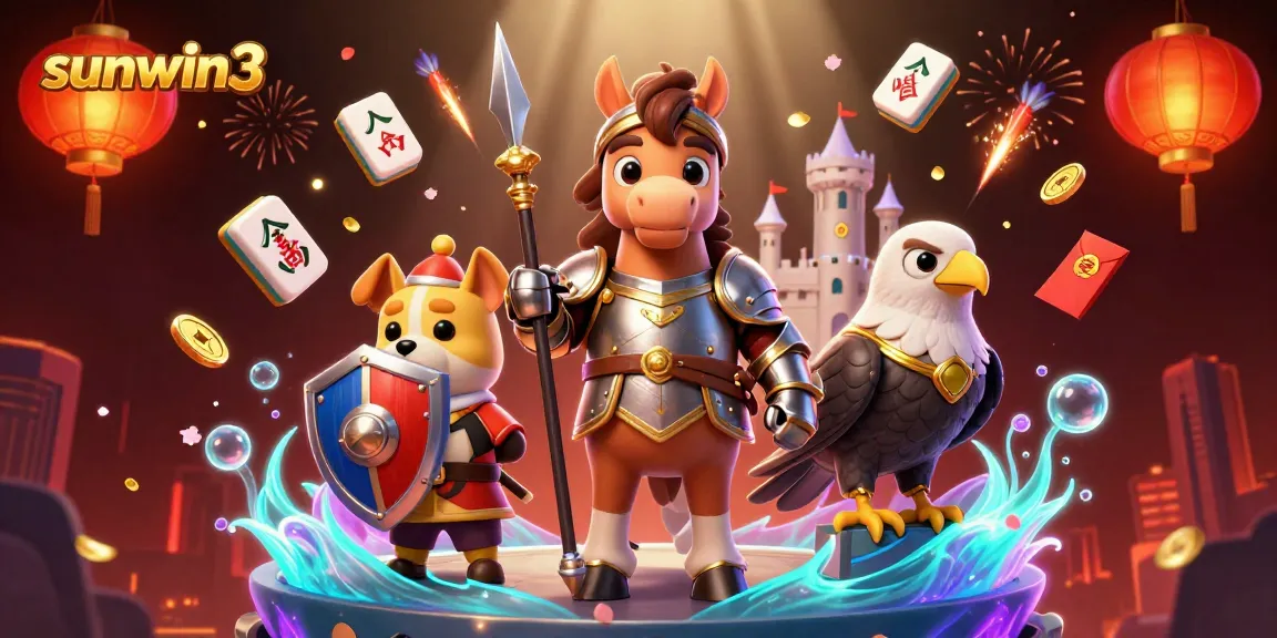 Experience the excitement of sunwin3 with a dynamic casino-themed 3D illustration featuring knights, coins, and festive elements.