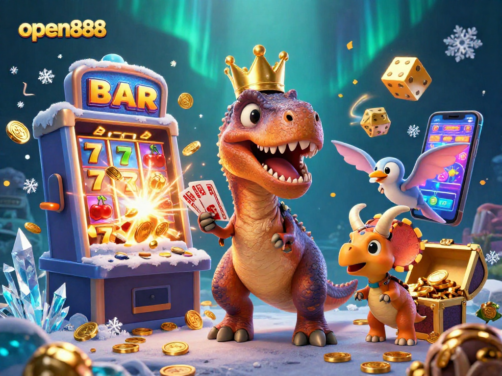 Experience the excitement of open888 with a T-Rex shuffling cards and a jackpot explosion of coins.