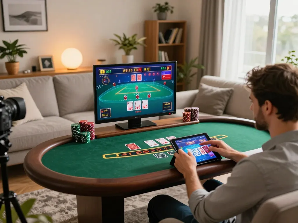 TG88 player engaging in live dealer blackjack on a tablet, showcasing an exciting online gaming environment.