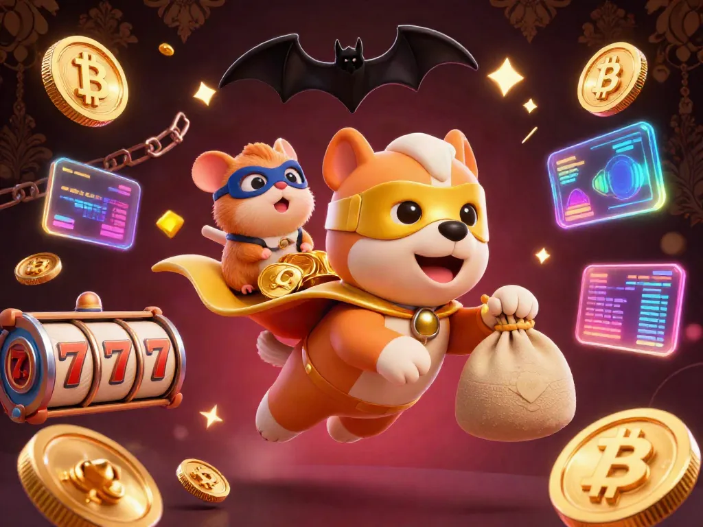 Gwp168 beraksi dengan simbol chip poker di langit, dikelilingi elemen slot dan koin cryptocurrency.