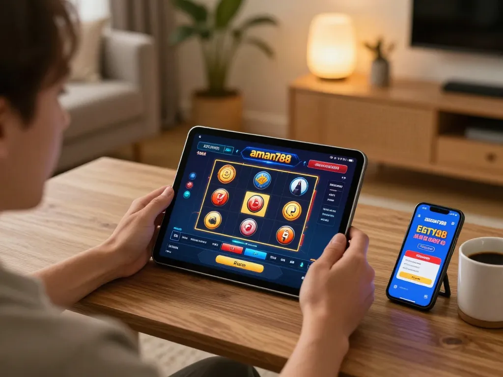 Bergembira dengan permainan slot online aman788 di tablet dalam suasana rumah yang nyaman, menunjukkan permainan yang bertanggung jawab