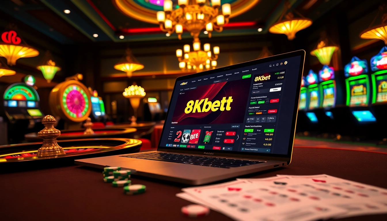 Gambling enthusiasts engaging with 8kbet online interface amidst vibrant casino elements.