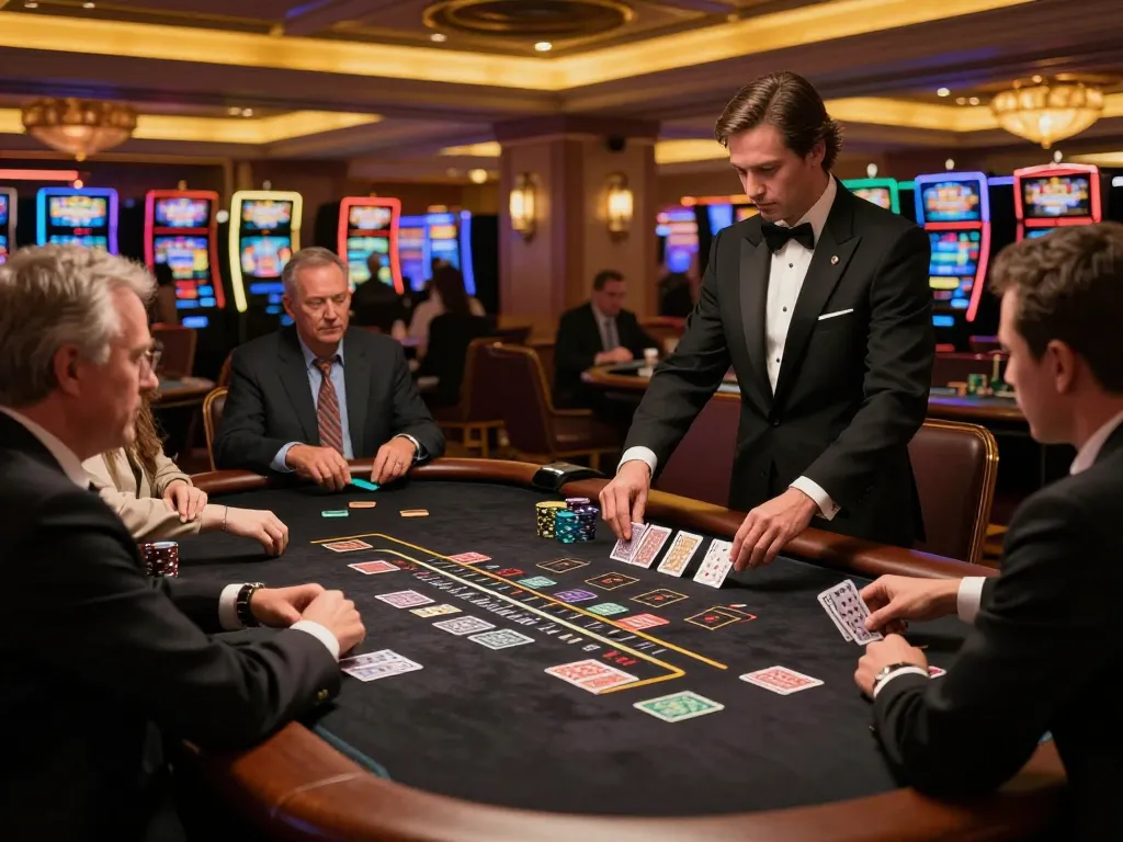 Winning at Da88 blackjack table with a dealer and focused players in a luxurious casino setting