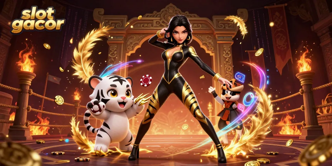 Experience thrilling action with our slot gacor themed 3D illustration featuring a dynamic woman and tiger.