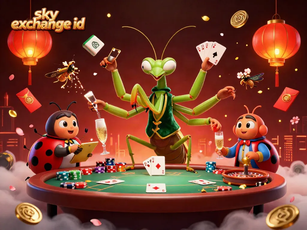 Place bets with sky exchange id in this vibrant casino scene featuring a giant praying mantis dealer.