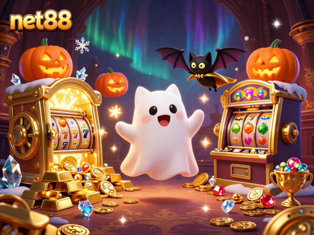 Experience thrilling gameplay at net88 with a friendly ghost cat and vibrant slot reels in a haunted casino
