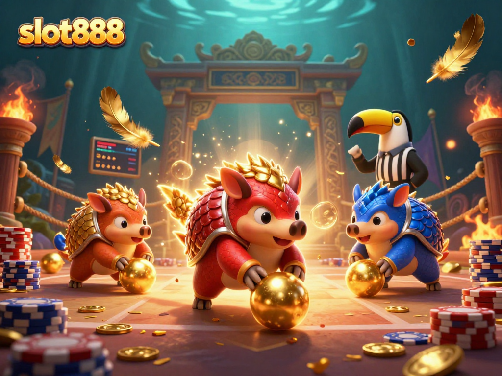 Memenangkan slot888 dengan pangolins bersaing dan koin emas di arena kasino