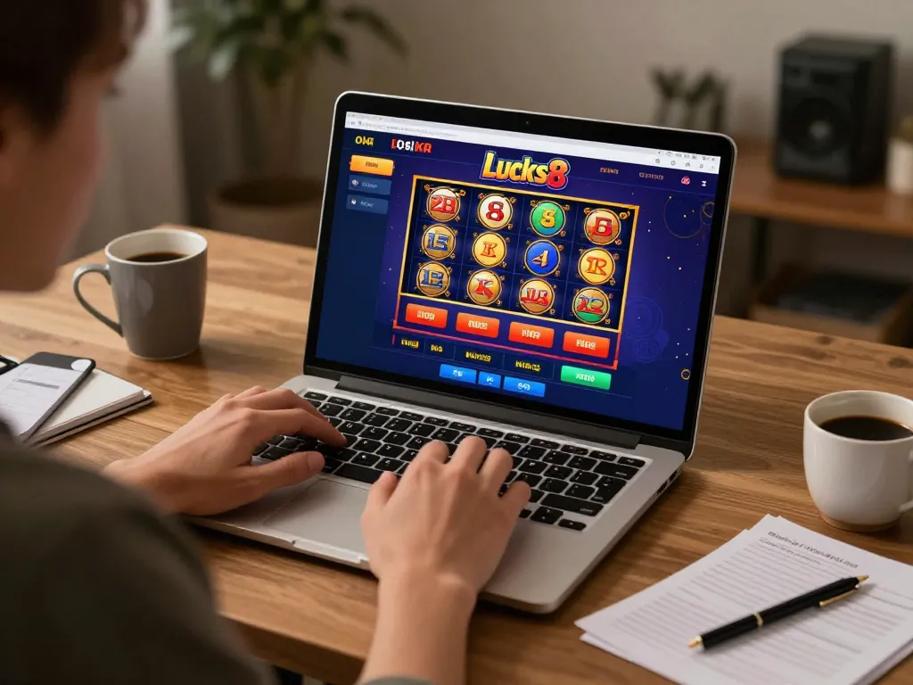 Người chơi lucks8 tham gia vào các trò chơi slot và poker trực tuyến trong một môi trường văn phòng tại nhà thoải mái.
