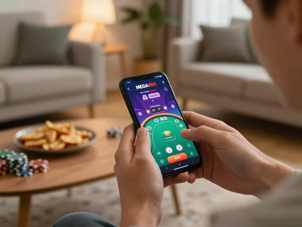 Engaging online poker session on the MEGA888 app, highlighting gameplay focus and cozy surroundings