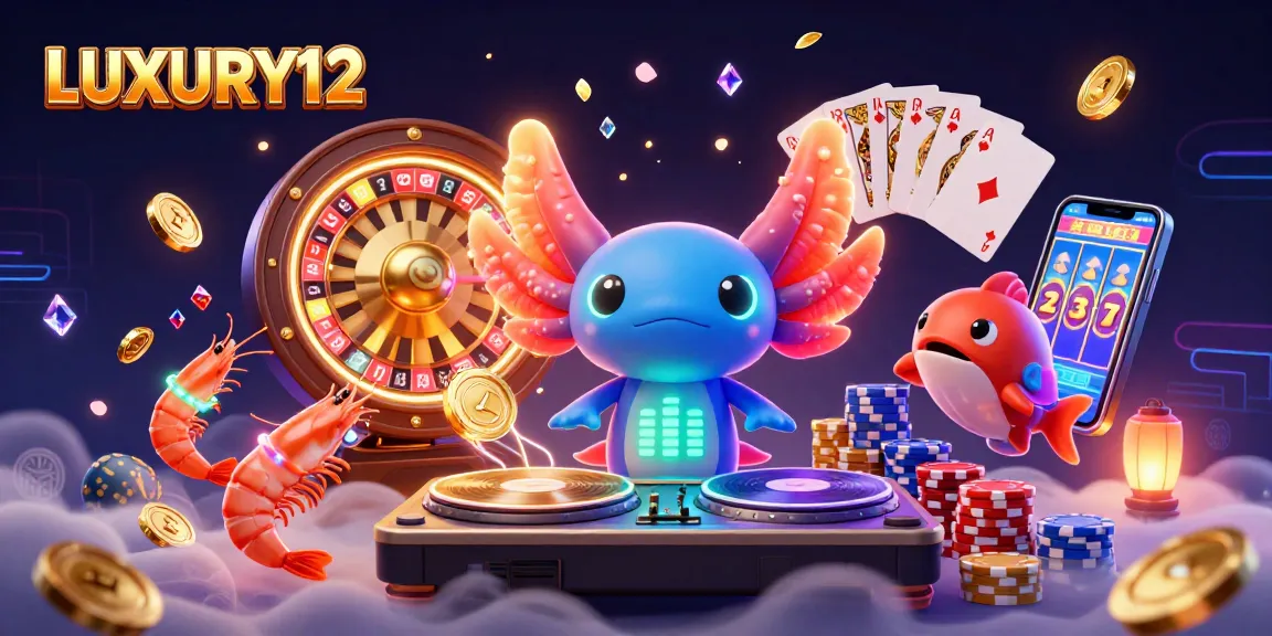 LUXURY12 boasts vibrant slot action, featuring a neon axolotl DJ and dynamic casino elements.