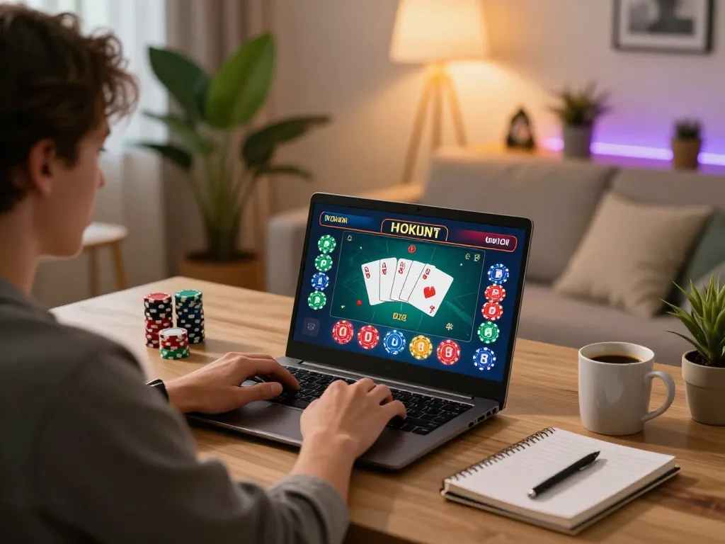 Engaged player using VN23 for online poker gaming with strategic notes.