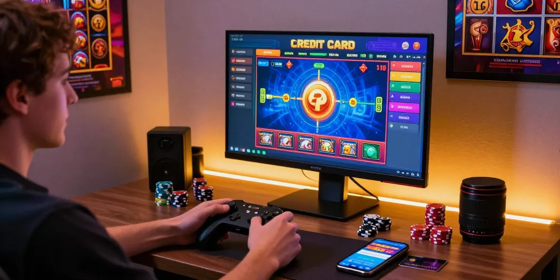 Dynamic gaming scene at credit card online casinos with vibrant visuals and cozy setup.