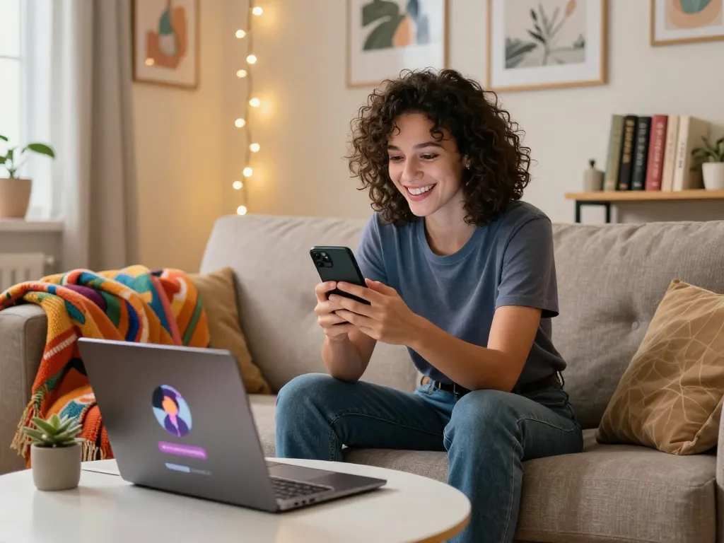 Engaging in an ai sex chat on a cozy couch with a personalized NSFW AI companion for an intimate experience.