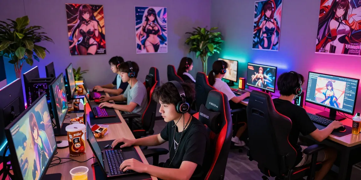Engaged gamers enjoying various hentai games in a colorful gaming lounge with vibrant lighting.