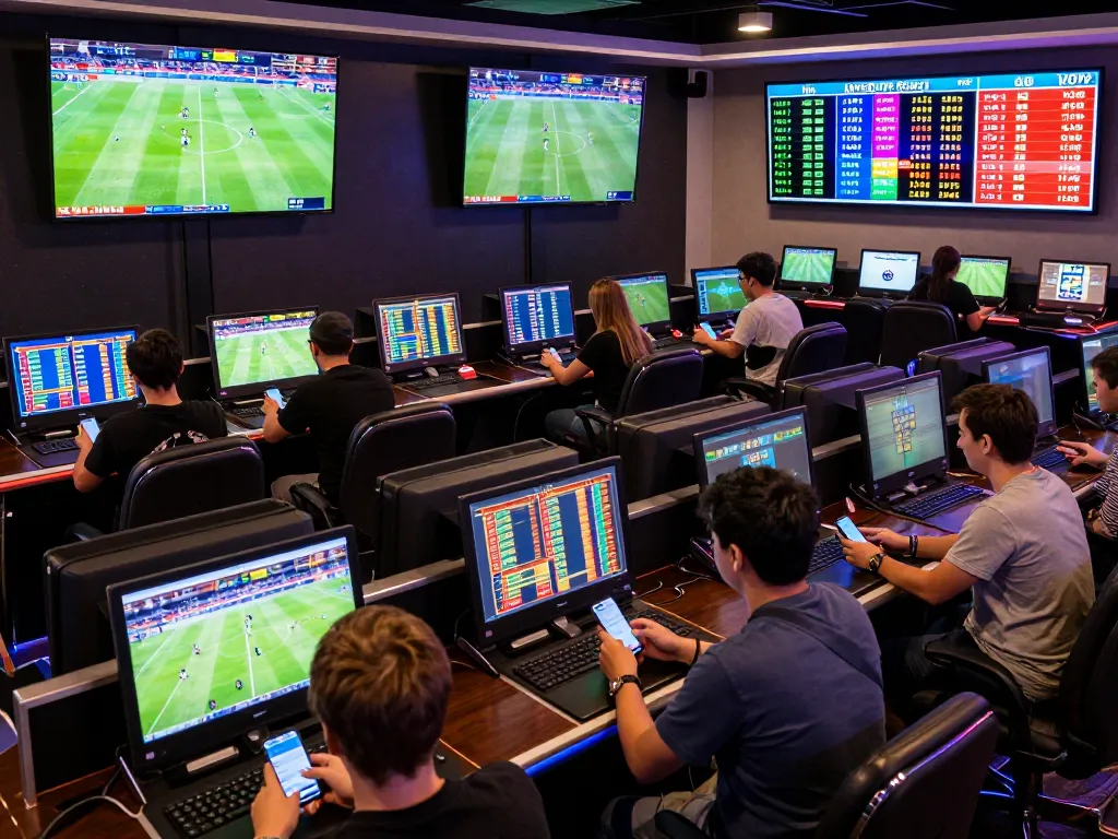 Engaged bettors placing wagers on kèo nhà cái at a modern sports betting venue