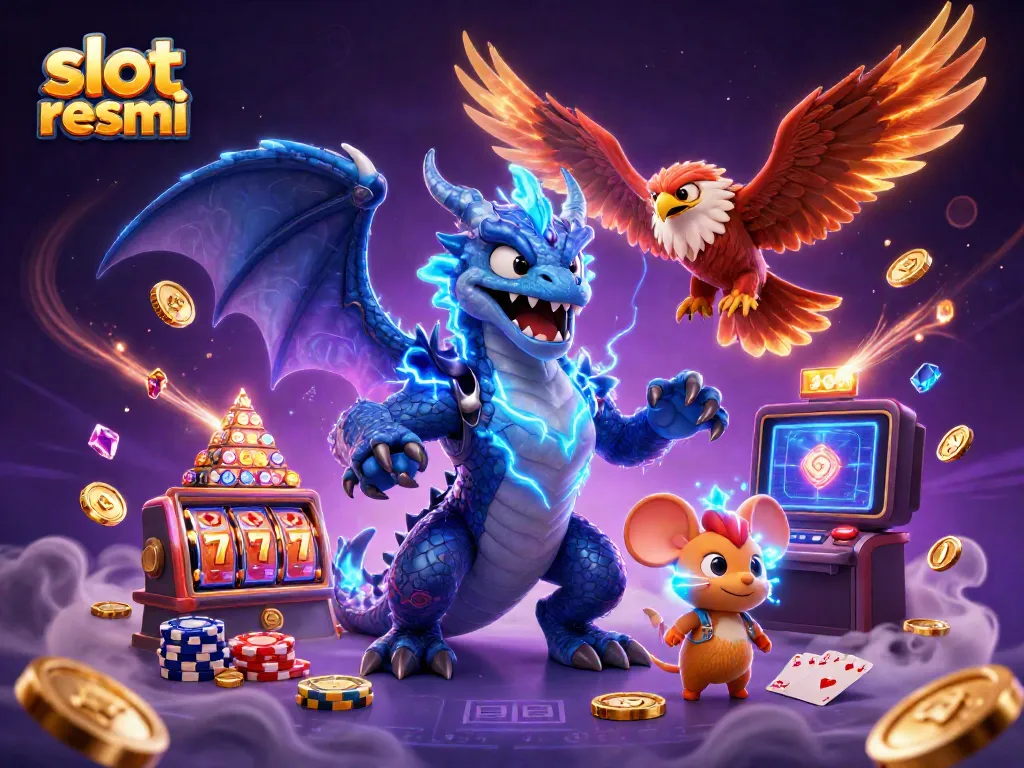 Experience thrilling wins with slot resmi in this vibrant 3D digital casino scene.