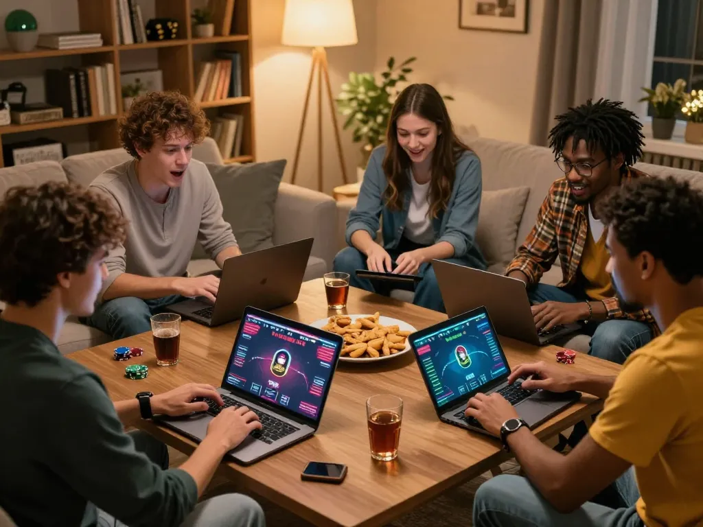 Sekelompok teman yang menikmati permainan poker online aman788 yang dinamis di ruang tamu yang nyaman.