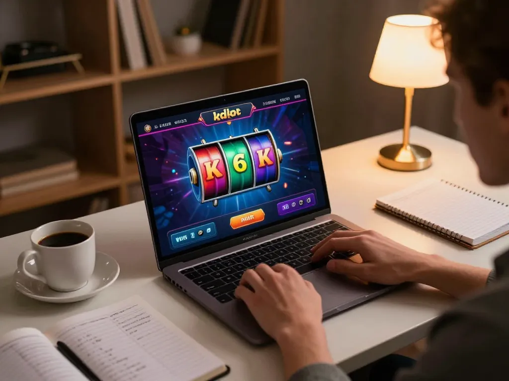 Engaging in kdslot gameplay on a stylish laptop, showcasing an immersive online casino environment.