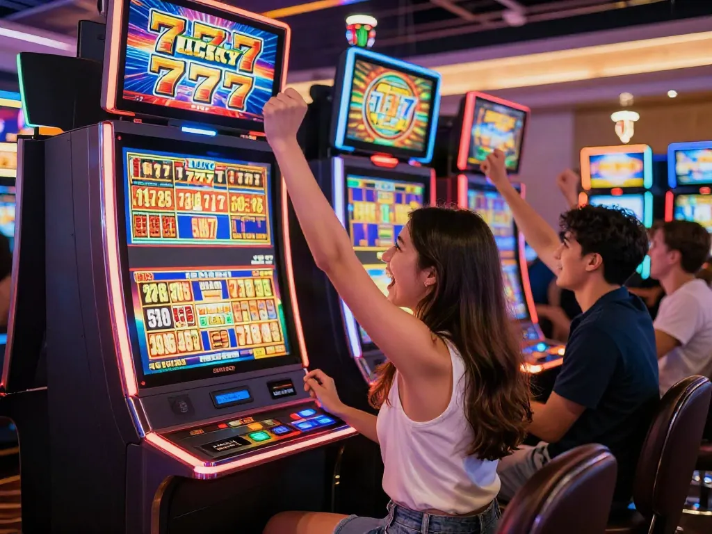 Woman celebrating a win at the Lucky777 slot machine in a vibrant casino.